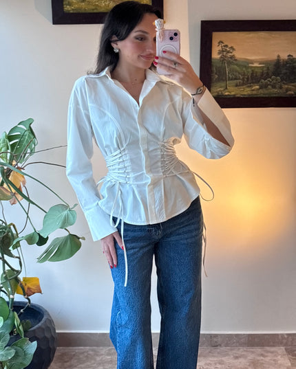 Waist detailed white poplin shirt 4066