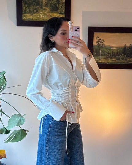 Waist detailed white poplin shirt 4066