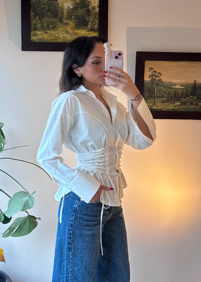 Waist detailed white poplin shirt 4066