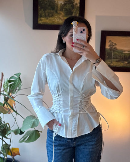 Waist detailed white poplin shirt 4066