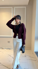 V neck knitwear burgundy cardigan 4002